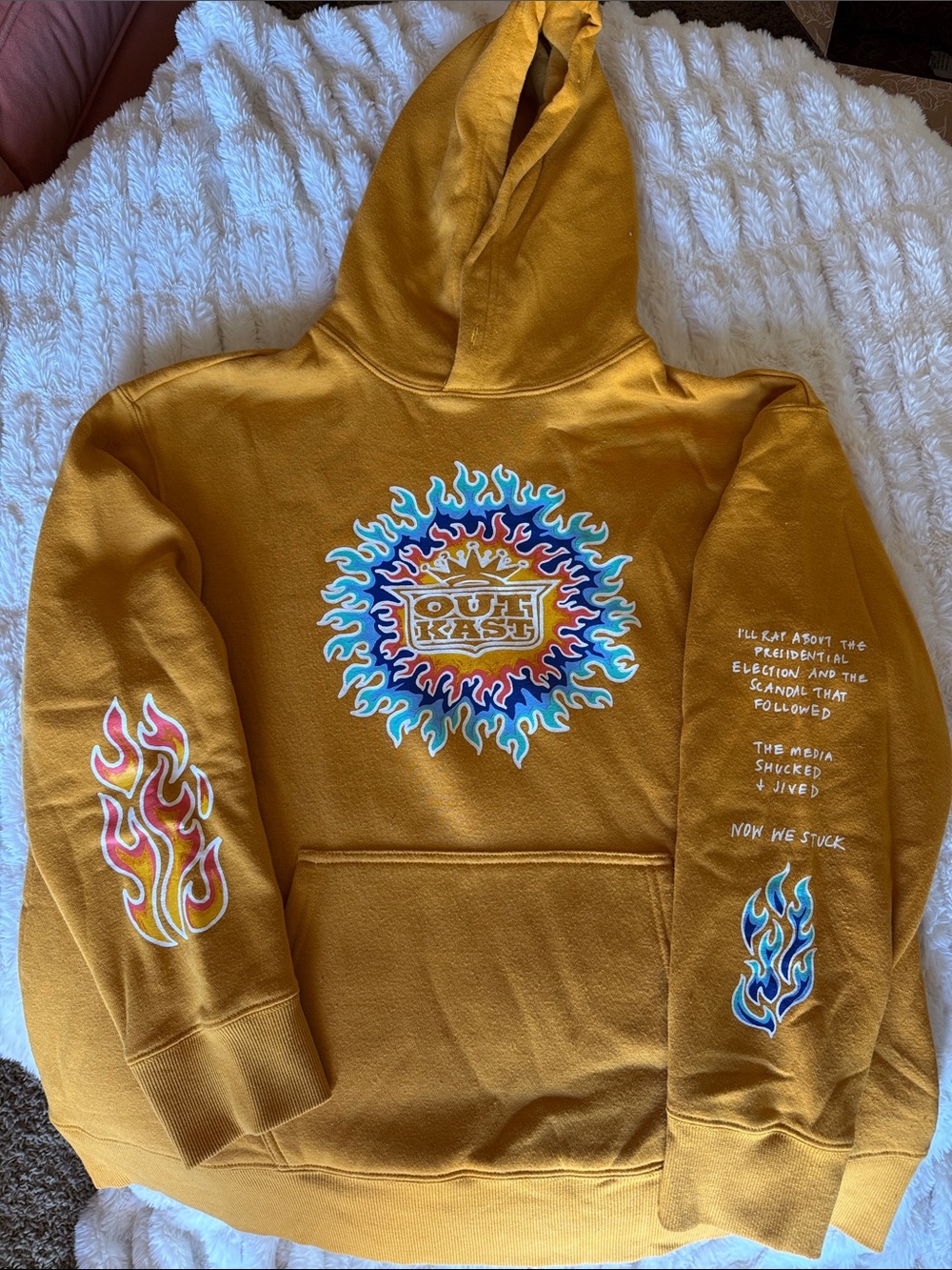 Urban Outfitters Mustard Yellow Graphic Hoodie with Multicolor Flame Prints - Picture 1 of 2